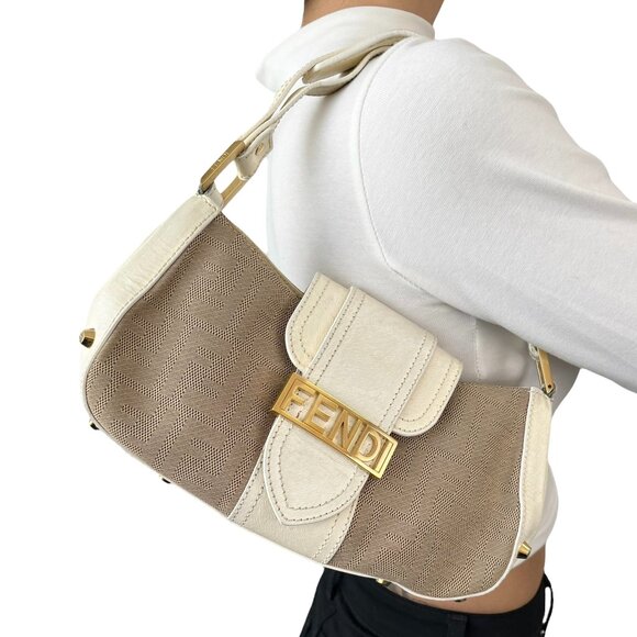 FENDI Vintage Zucca Monogram Logo Shoulder Bag Beige Cream Gold Canvas [105959] - Picture 1 of 15